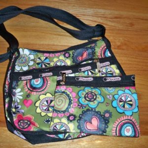 Le Sport Sac “Classic Hobo” Hearts & Flowers Print On Olive Green Background